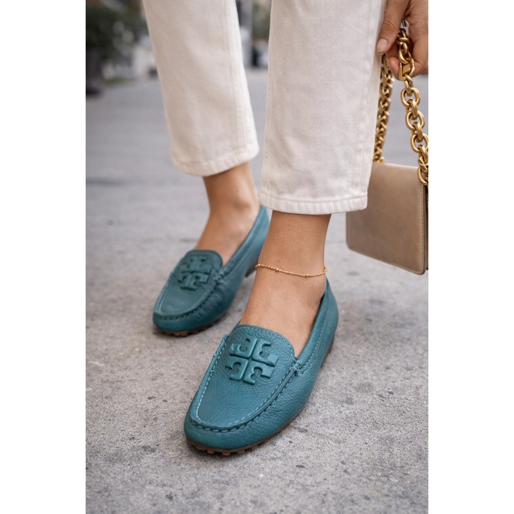 Tory Burch Teal Leather Loafers Driving Moccasins Classic Designer size